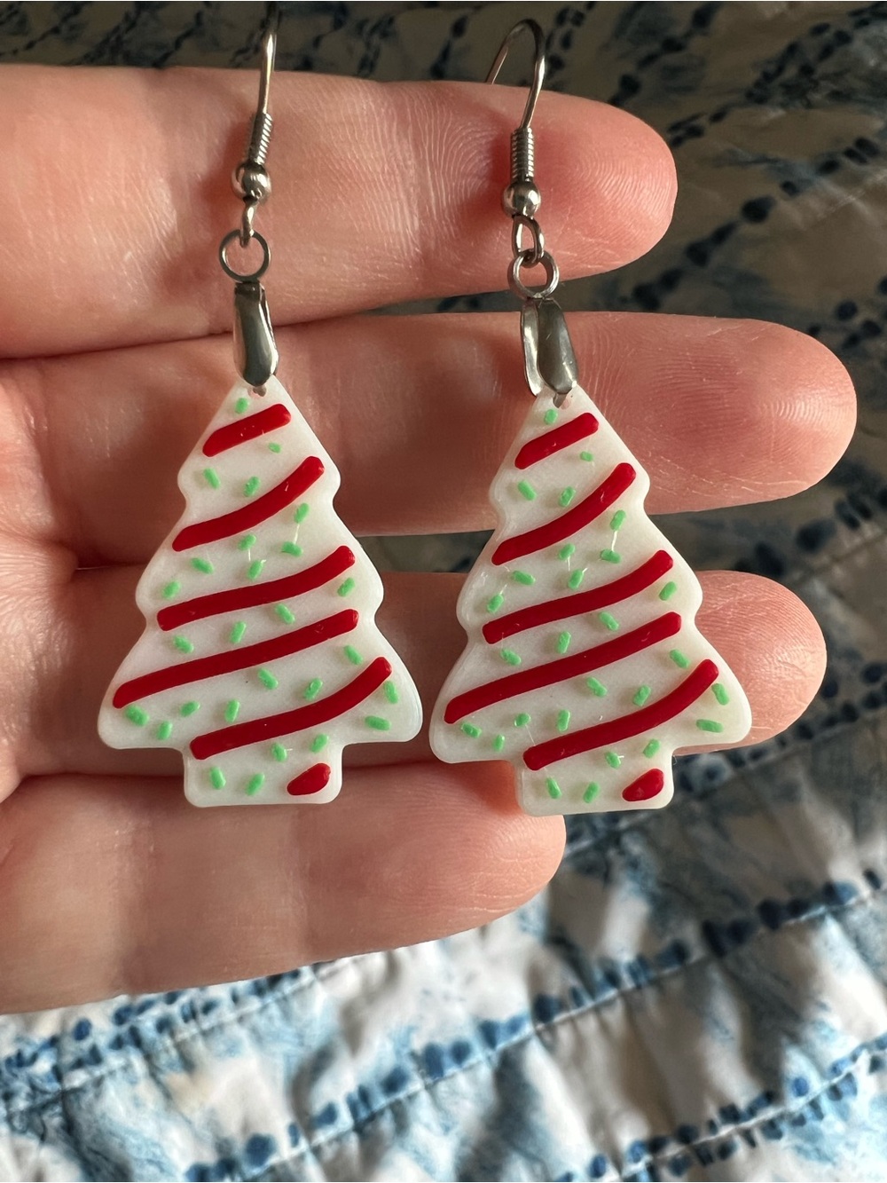 Festive White Christmas Tree Earrings with Red Stripes and Green Accents NEW